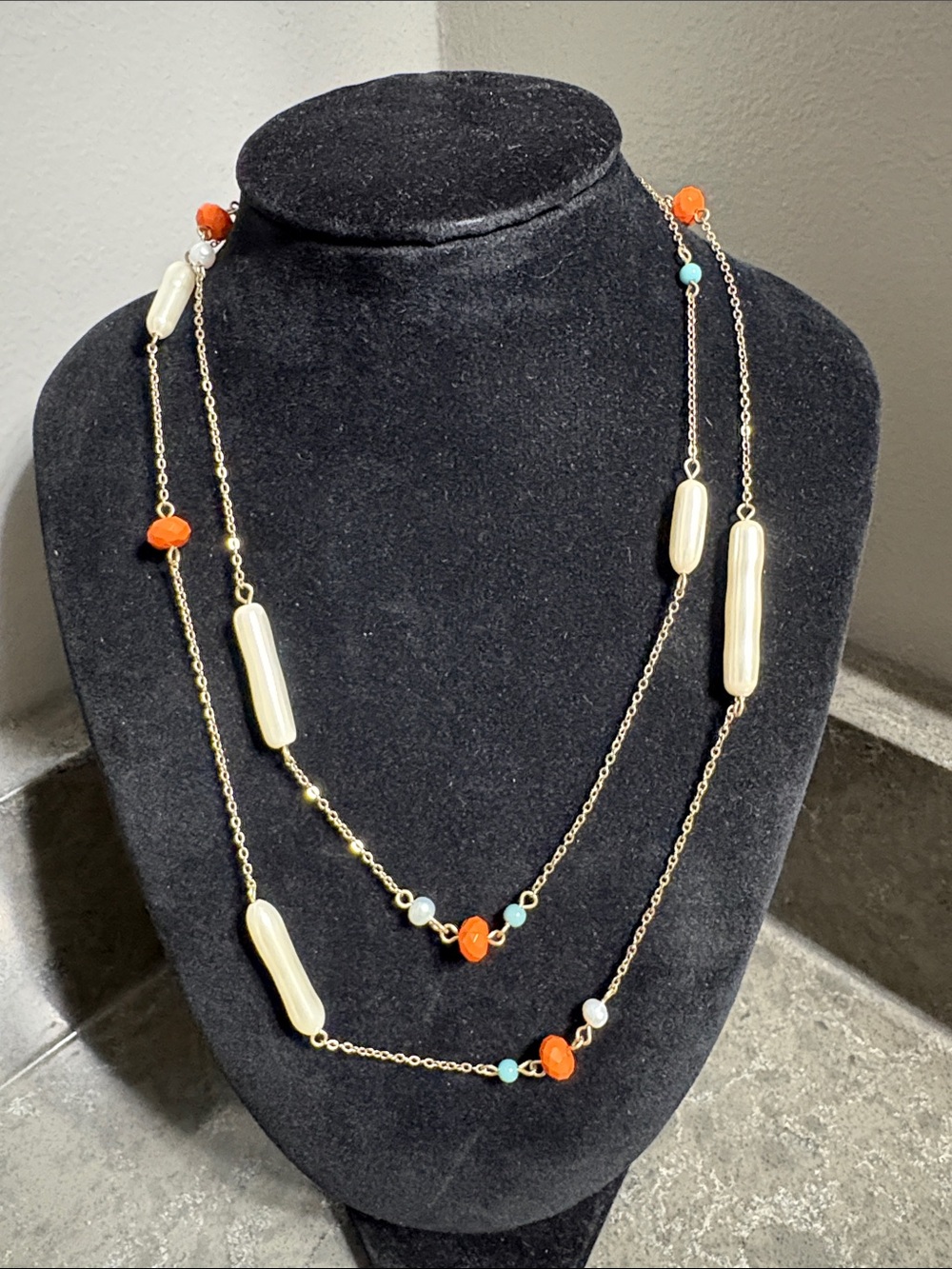Lia Sophia Gold-Tone Layered Necklace with Cream Pearls and Orange Accents